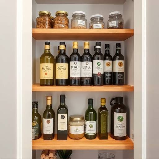 Despensa con botellas de aceite de oliva organizadas en estantes de madera