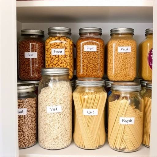 Despensa con frascos de vidrio llenos de legumbres, arroz y pasta, etiquetados y ordenados