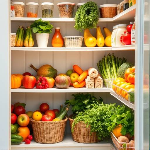 Despensa organizada con frutas y verduras de temporada, mostrando una despensa adaptada al verano